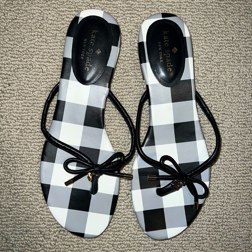 Kate Spade Womens Black Check Nappa Leather Mistic Bow T-Strap Sandal | Size 9.5